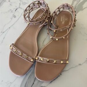 Valentino Garavani Pink Gold Rockstud Ankle-Wrap Sandals